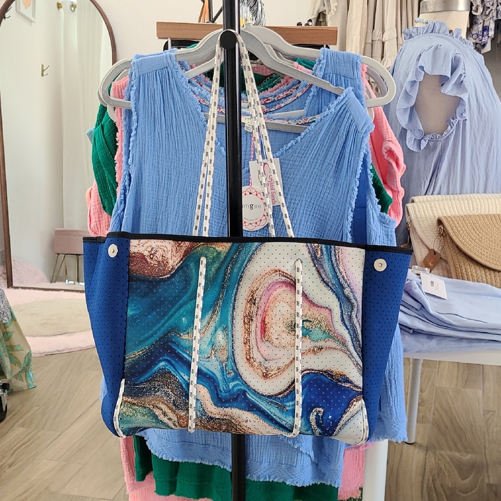 Angee Canvas Tote Bag in Blue Marble Print